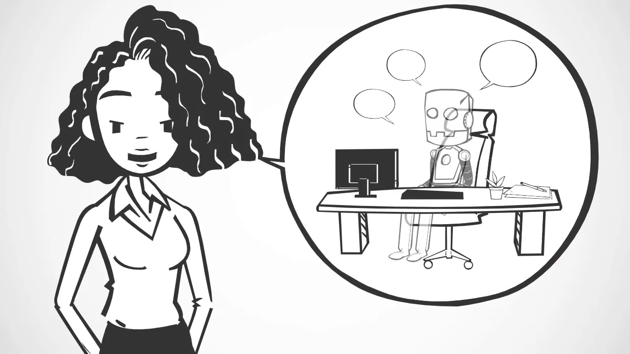 Hand-drawn whiteboard illustration of a person thinking about automation at work